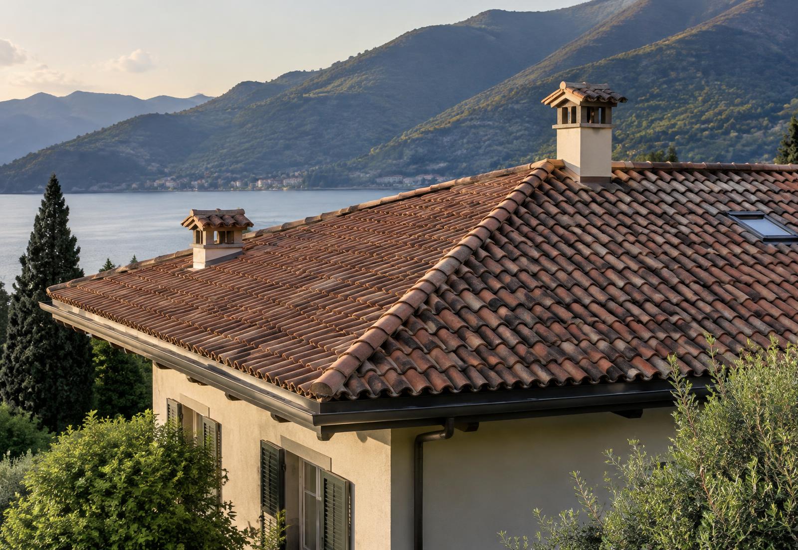 Tetto in coppi di una casa residenziale sul Lago di Como